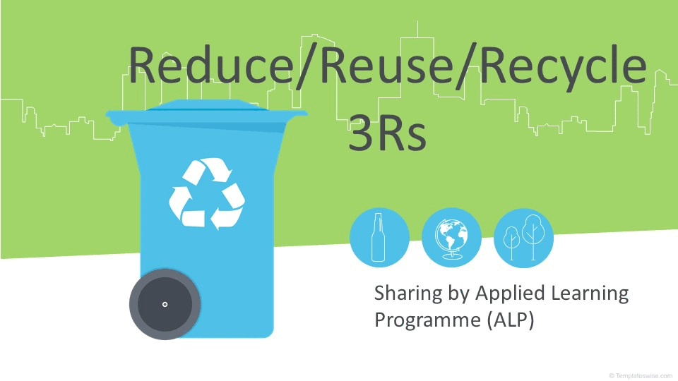 Slide titled Reduce Reuse Recycle 3Rs with a blue recycling bin and icons for bottle, globe, and trees.