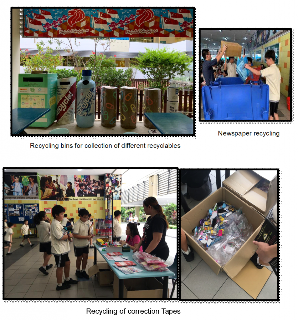 Four photos show a school recycling program with bins, newspaper collection, students at a table, and a box of items.