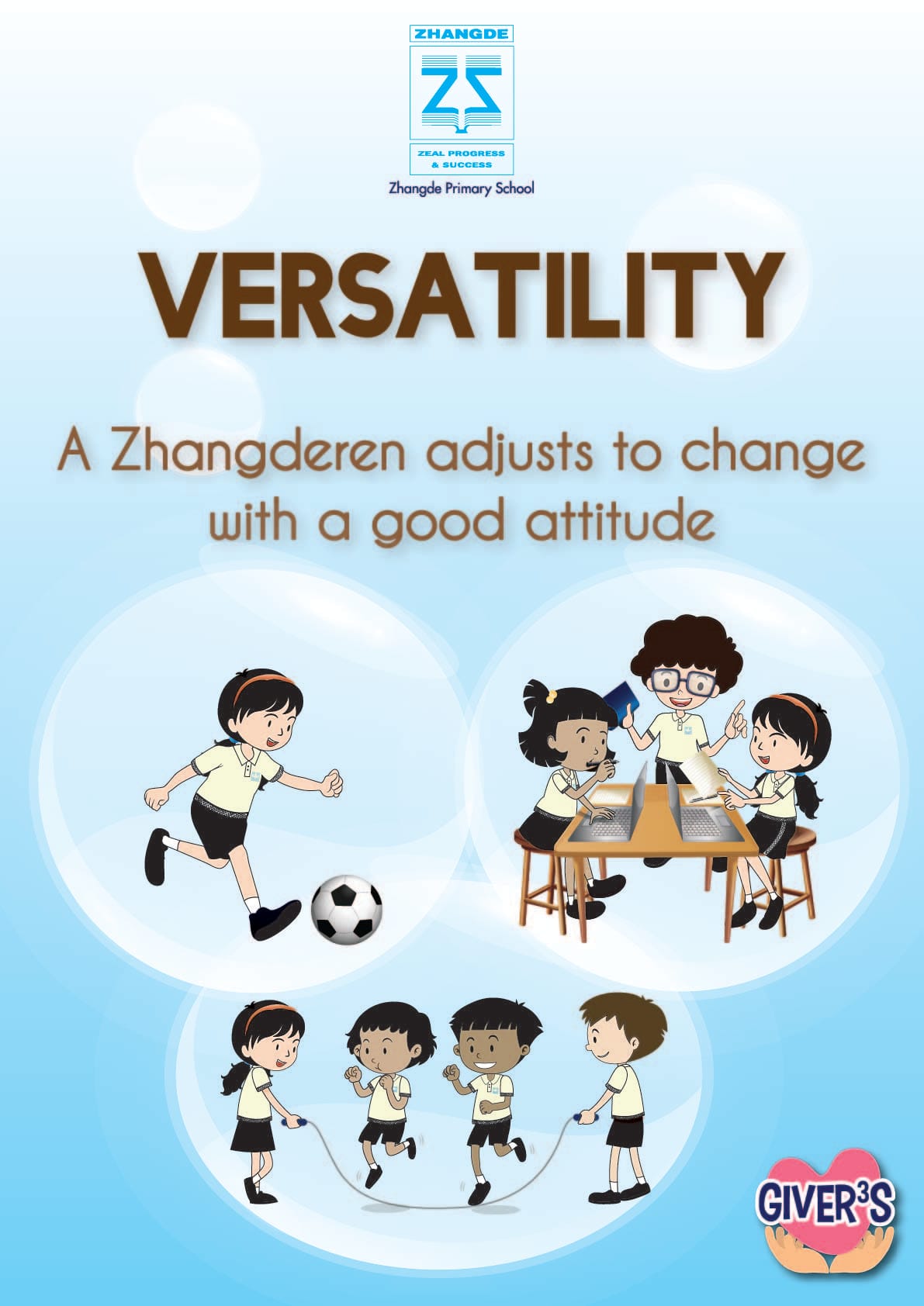 Poster titled Versatility with school logo; cartoons of kids playing soccer, using laptops, and skipping rope.