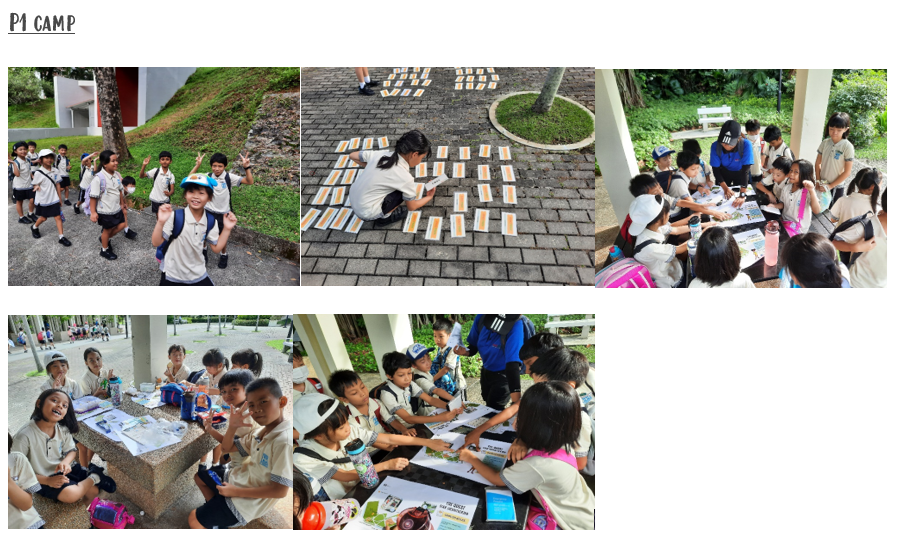 Five photos of young students in school uniforms doing outdoor camp activities, including walking, arranging cards, and group work.