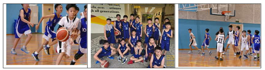 Three photos of young boys in blue basketball uniforms playing and posing together on courts in 2024.