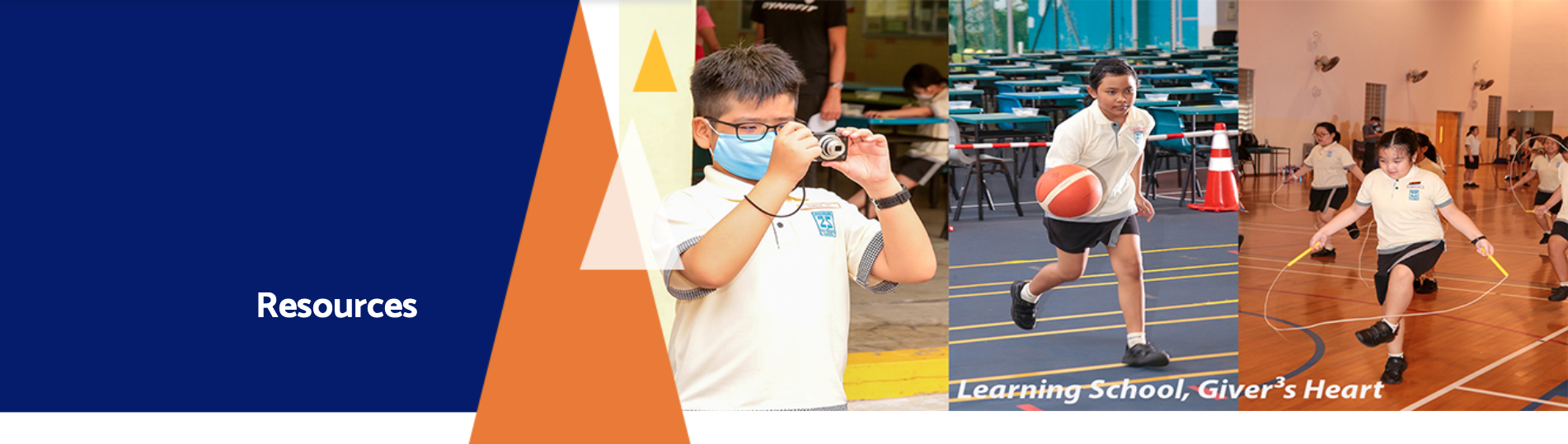 Three school students: one holding a camera with a mask, one dribbling a basketball, one jumping rope indoors.