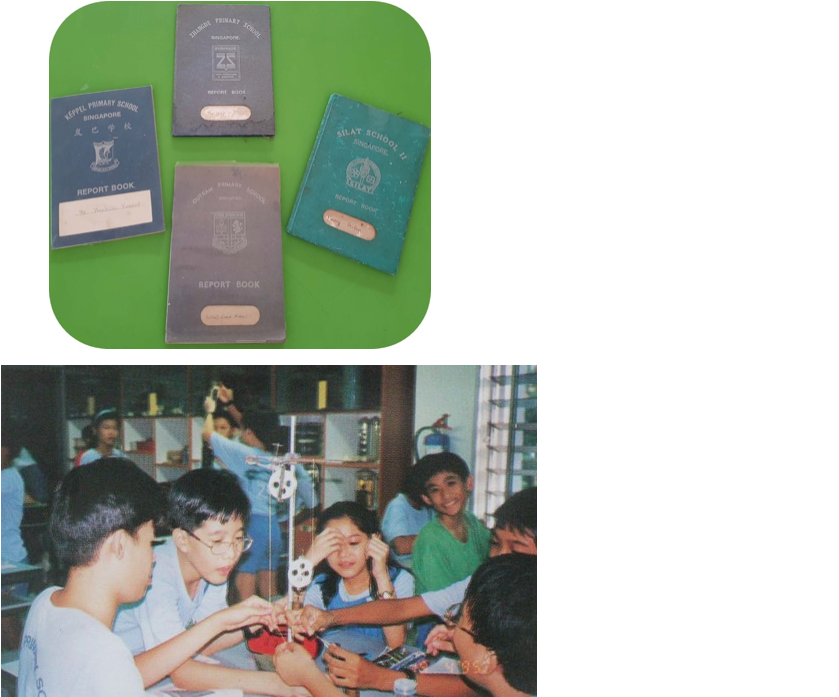 Four Singapore primary school report books on green background, and children gathered around a science experiment at a table.