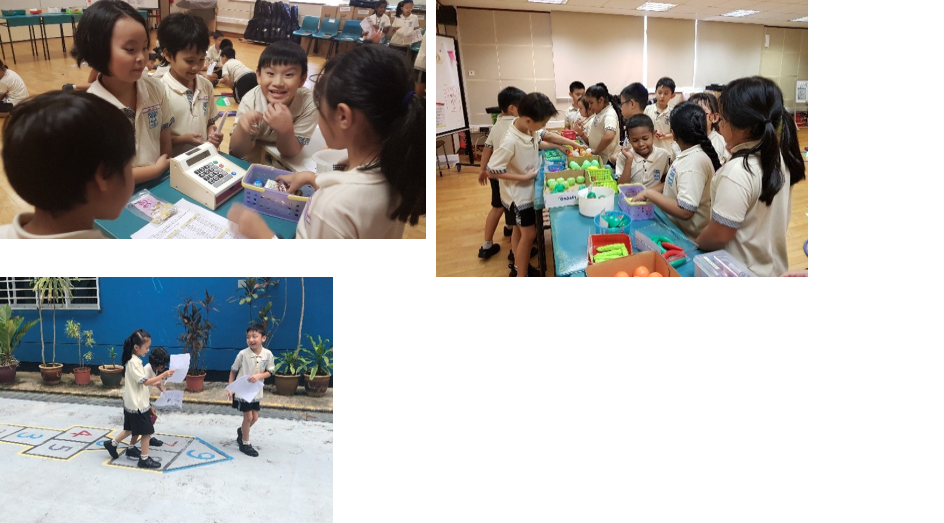 Three photos of young students in uniforms doing classroom activities including a mock store and outdoor number games.