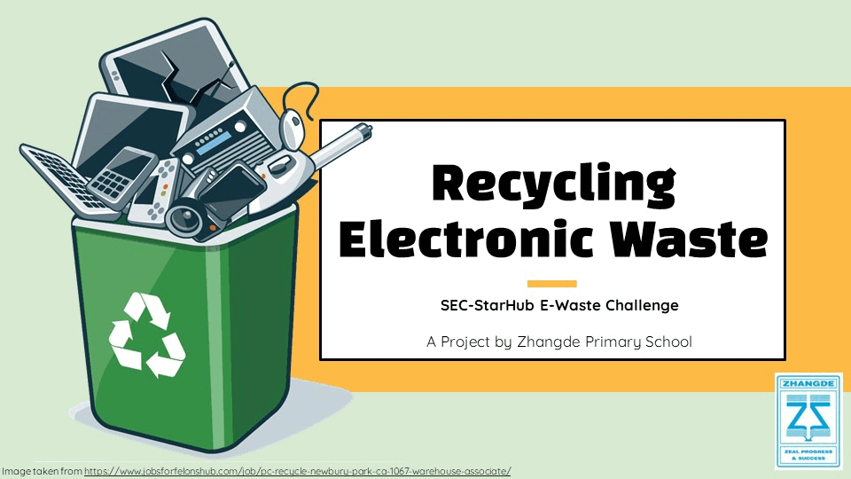 Green recycling bin full of electronics beside bold text reading Recycling Electronic Waste, SEC-StarHub E-Waste Challenge.