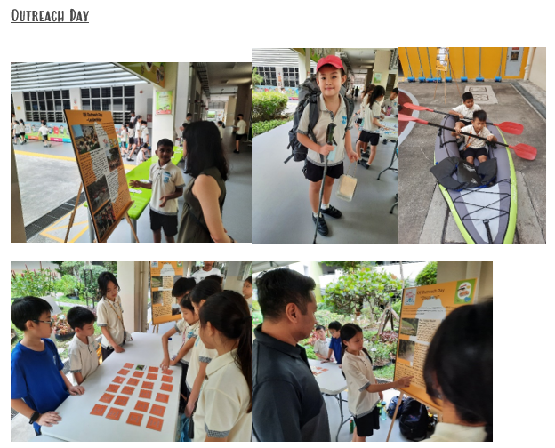Four photos of children at an Outreach Day event, showing displays, a kayak, and interactive table activities.