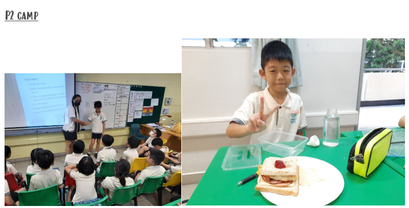 Two school camp scenes: children in a classroom lesson and a boy making a peace sign beside a sandwich on a plate.