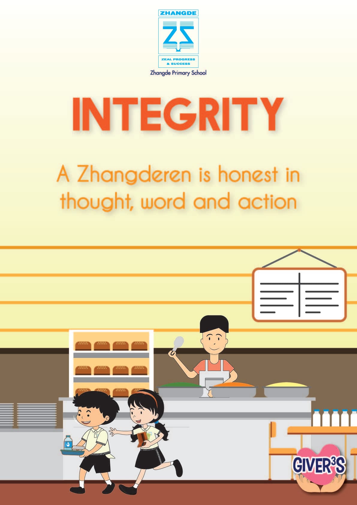 Poster titled Integrity with school logo; two kids with their food in the canteen