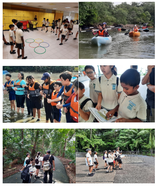 Students in school uniforms doing outdoor activities: kayaking, wading, map reading, hiking, and indoor hoop games.