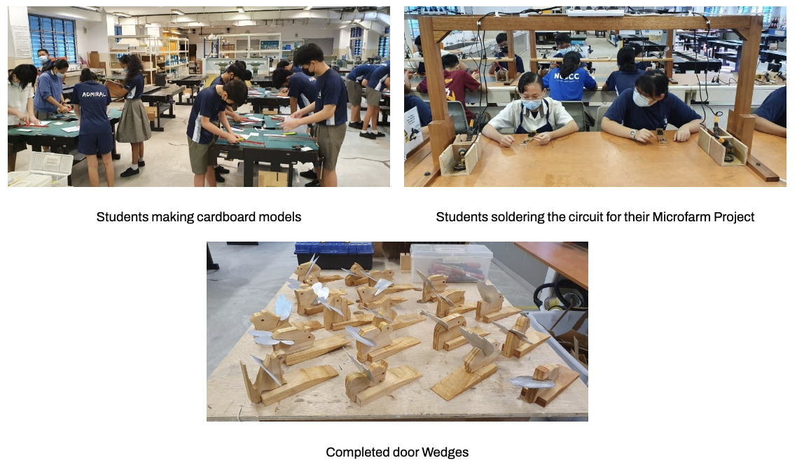 Three workshop scenes: Students making cardboard models, soldering circuits, and completed wooden door wedges on a table.