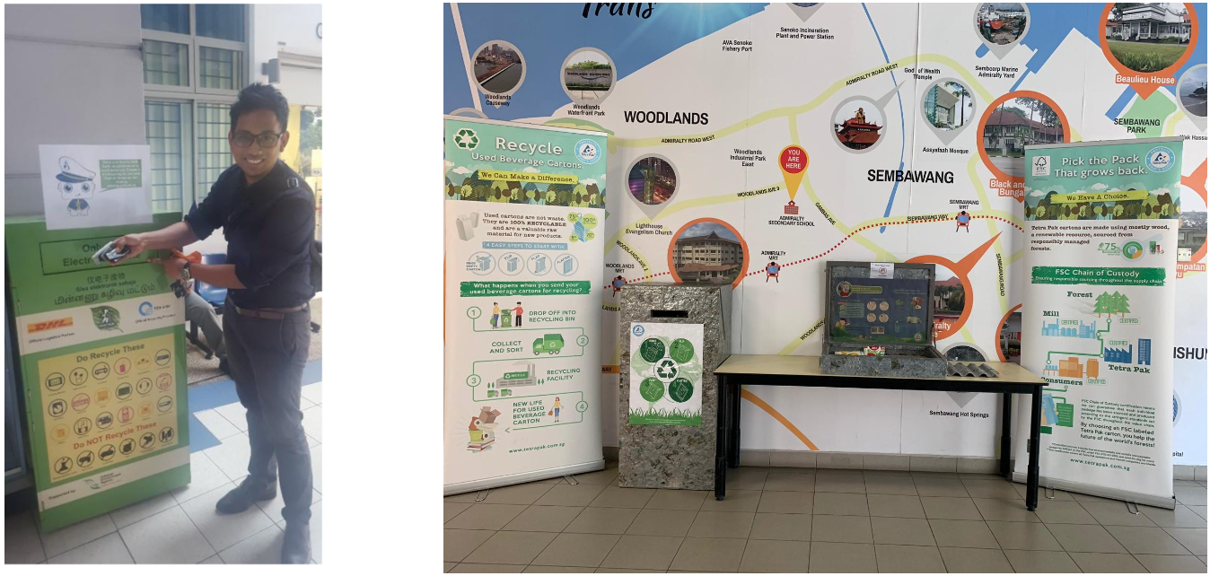Our staff throwing e-waste in the E-Waste Recycling Bin and a display of the Tetra Pack recycling bin during the Youth for Environment Day.