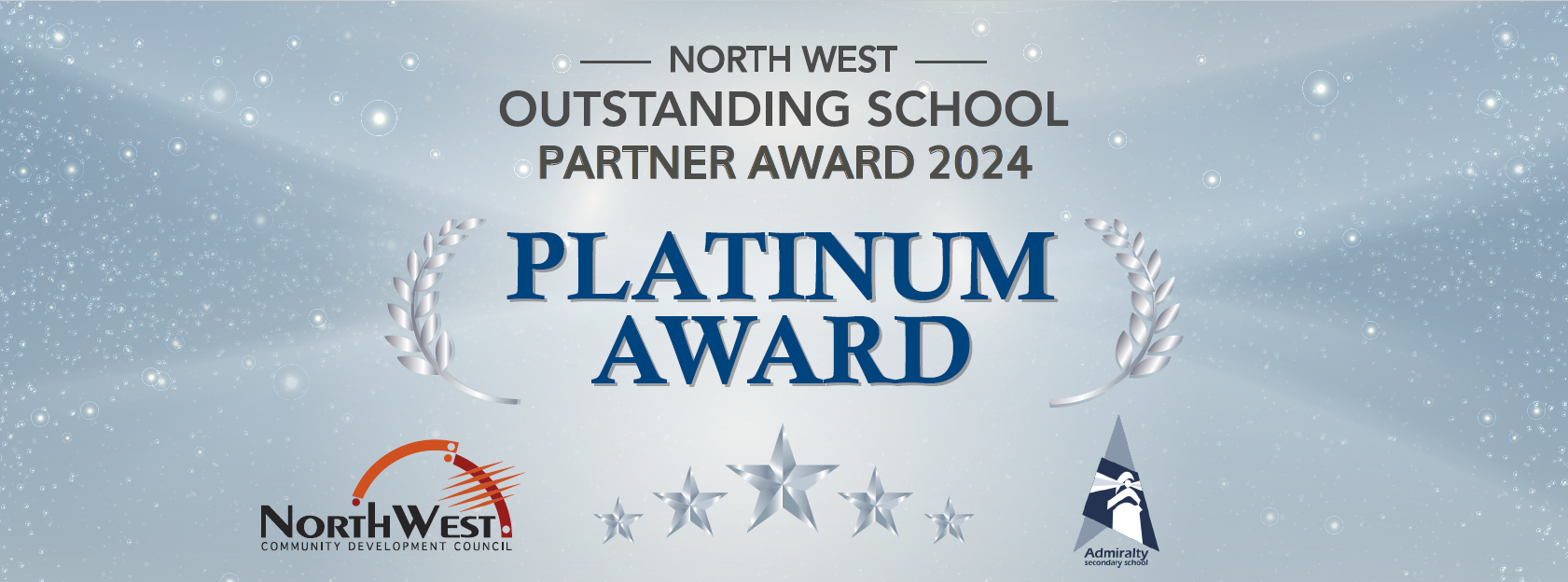 Banner for the 2024 North West Outstanding School Partner Platinum Award with silver laurels, stars, and two organization logos.