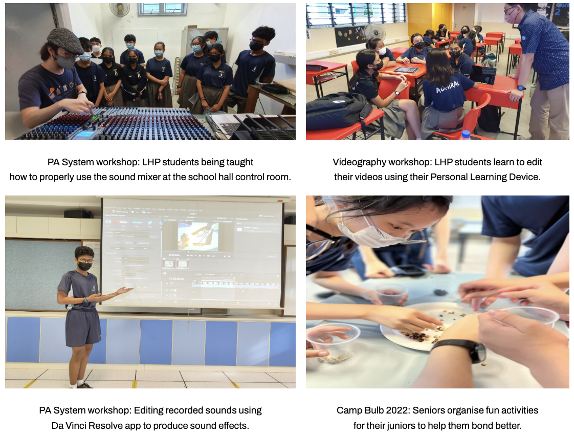Photos showing our students learning sound mixing, video editing, DA Vinci Resolve, and a group activity.