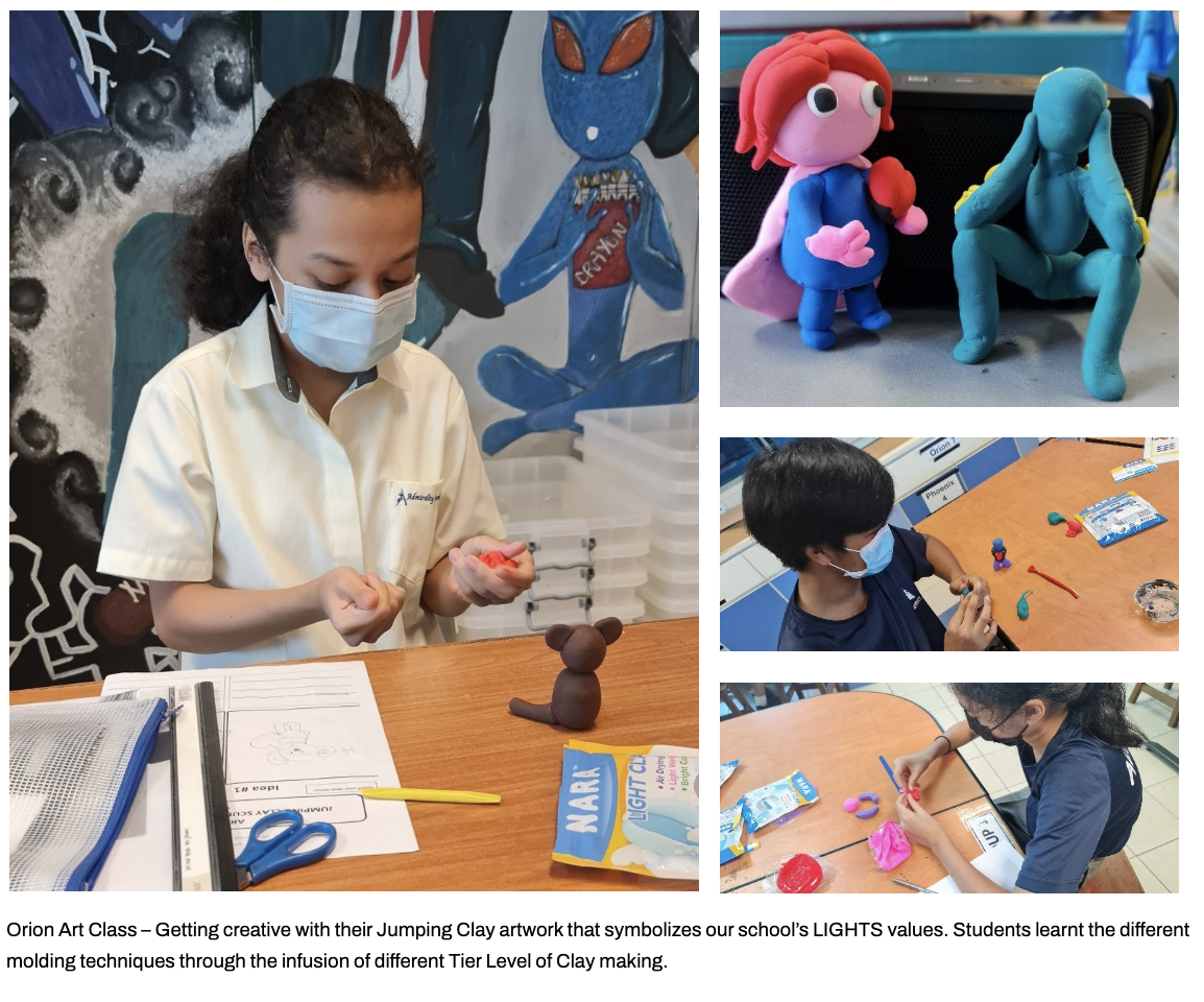 Our student sculpt colorful clay figures, with finished clay characters displayed on a desk.