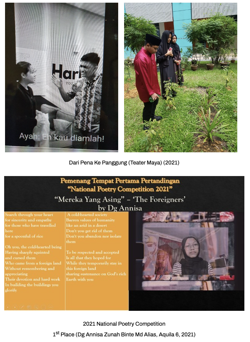 Two photos showing a theater performance performed by our students ; Photo below shows that our student won the 1st place in the 2021 National Poetry Competition,