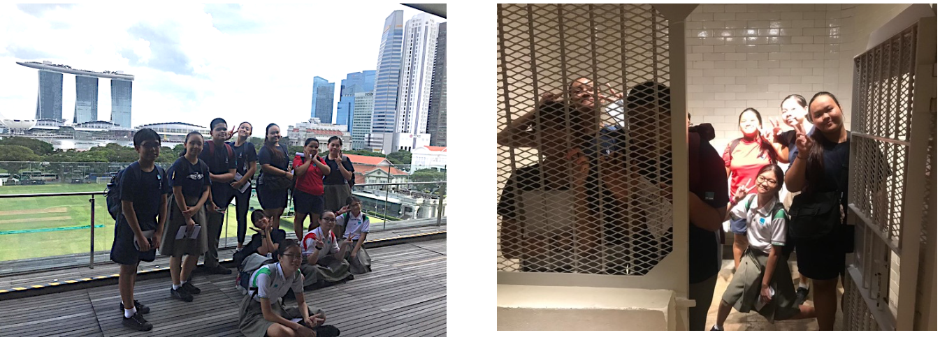 Our students pose on a Singapore skyline balcony, and inside a cell with metal grating in the National Gallery Singapore.