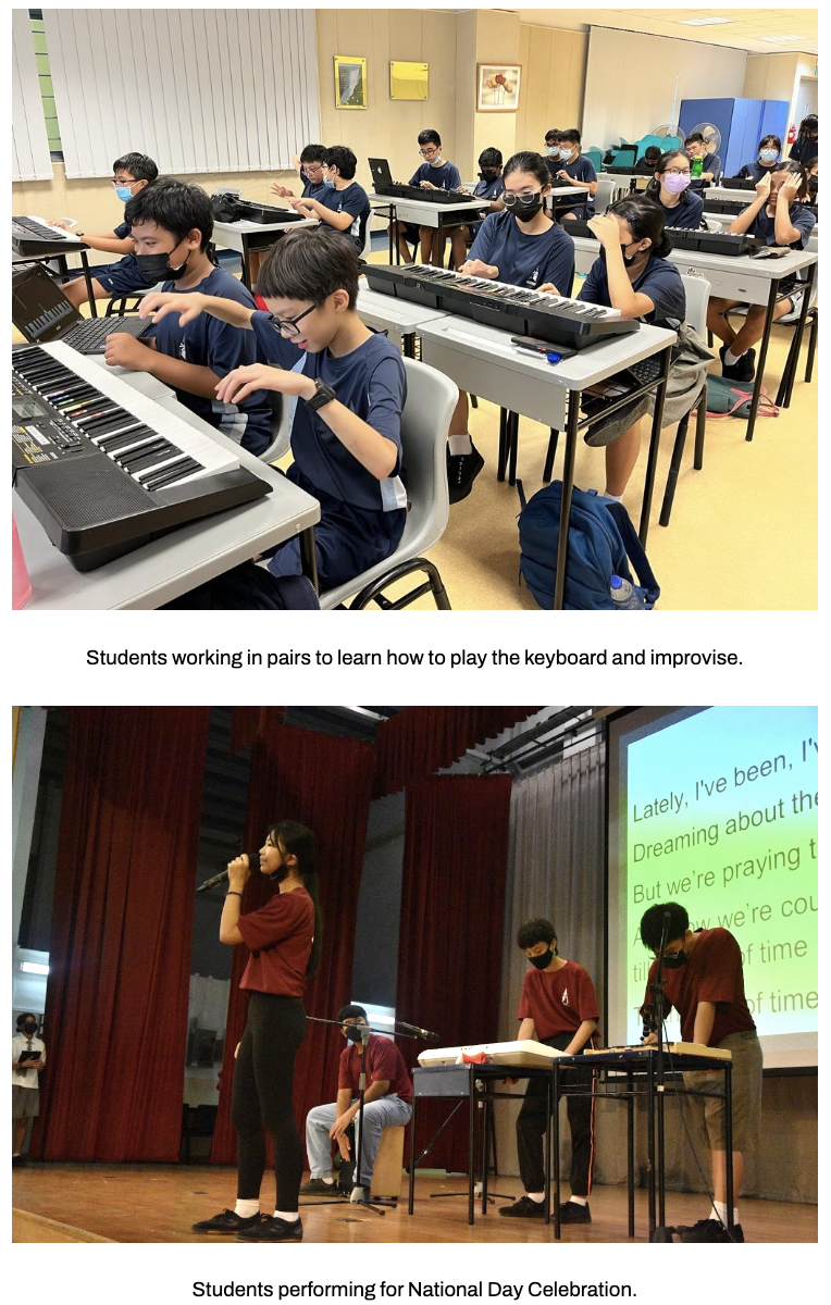 Our students in the Music Room learning keyboards in pairs, and performing on stage at a National Day Celebration.