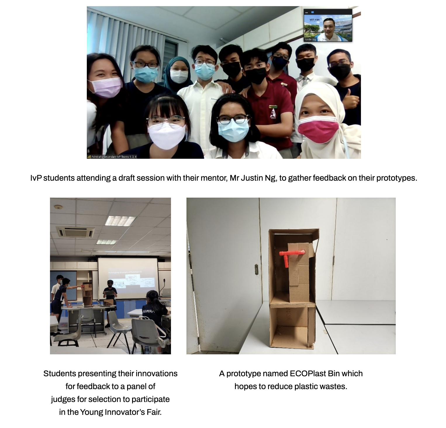 A group photo during a classroom presentation and a cardboard ECOPlast Bin prototype.