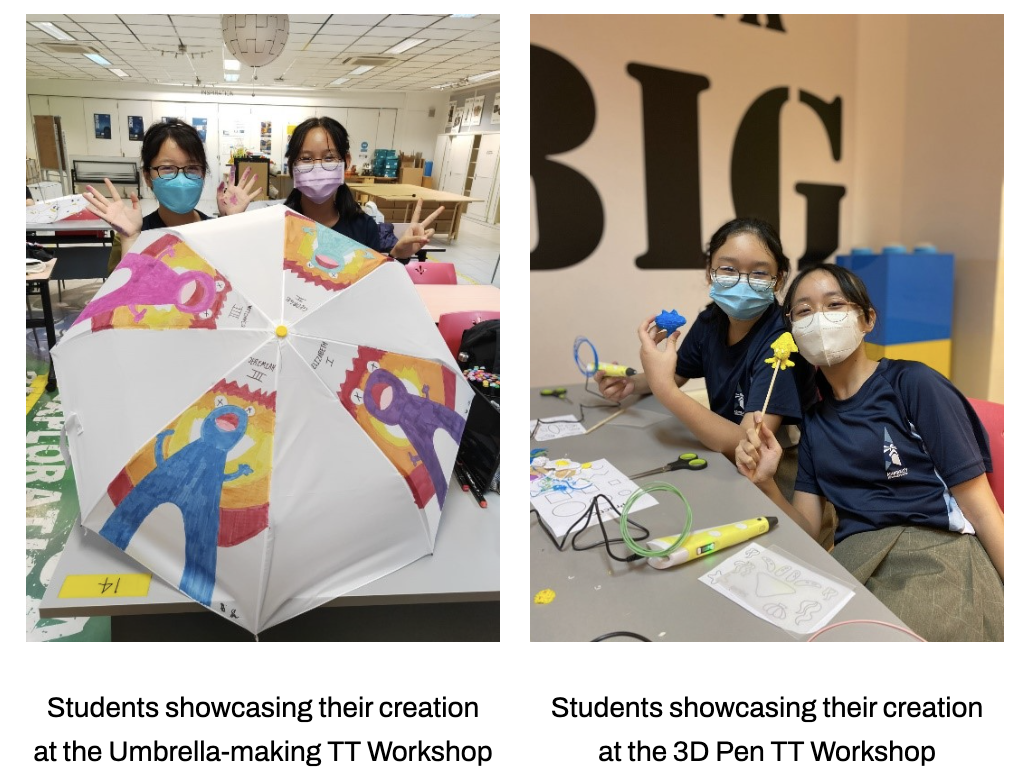 Our students display a painted umbrella; two others show 3D pen creations at the 3D Pen TT workshop.