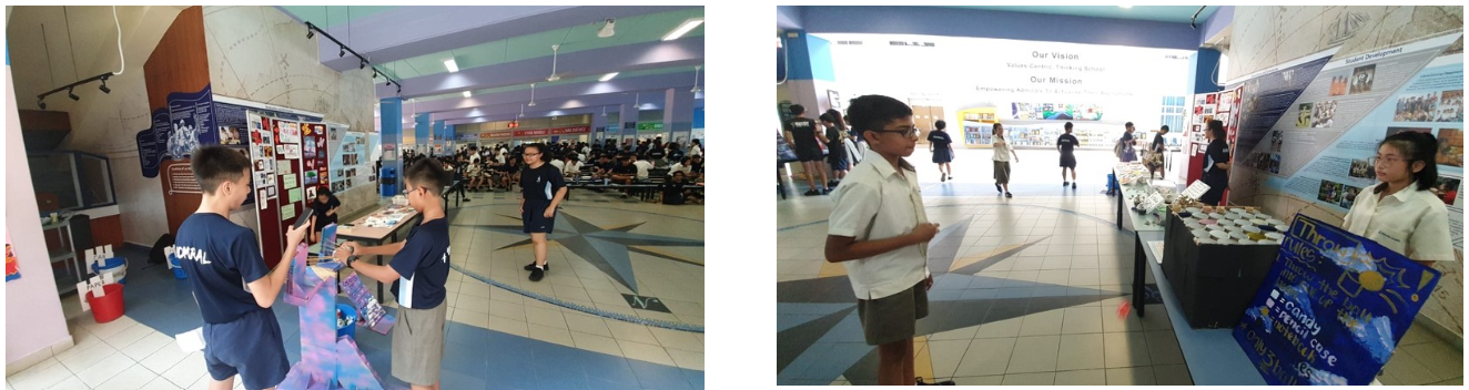 Our students browse display boards in a school hall during our Youth for Environment Day booths at our school's foyer.