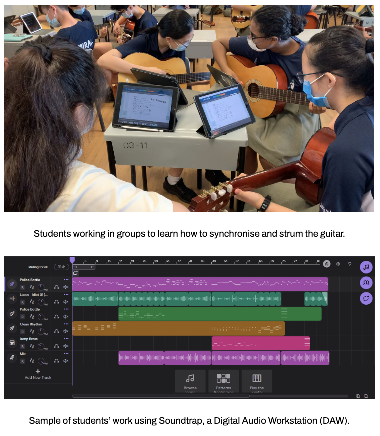 Our students with guitars and iPads during a Music lesson. They also use apps such as Soundtrap, a Digital Audio Workstation (DAW) for their music lessons.