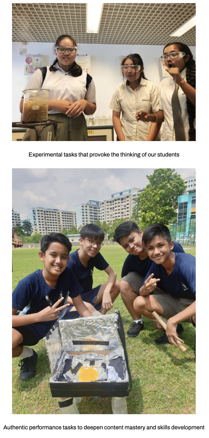 Our students in safety goggles in a lab above completing and experimental task, and our students outdoors with another experiment that was conducted to deepen constant mastery and skills development.  