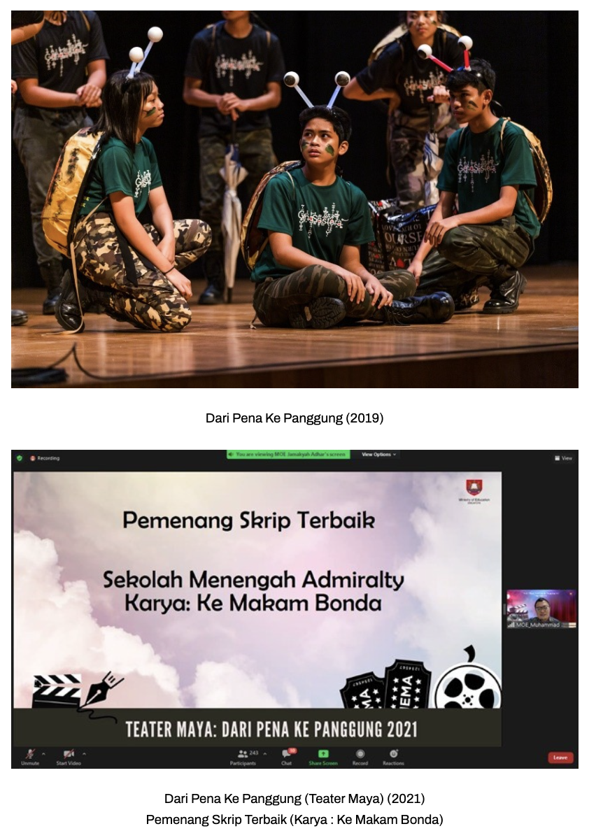 Young performers in costume with antennae sit on a stage above a Zoom screenshot announcing a 2021 Malay theatre award.