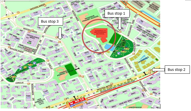 Street map showing three labeled bus stops near Admiralty Secondary School in a residential area.