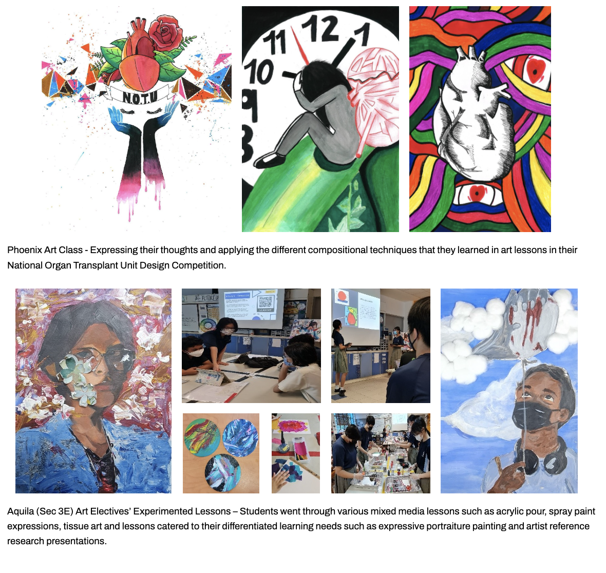 Student artwork and classroom photos showing organ transplant designs and mixed media art lessons.