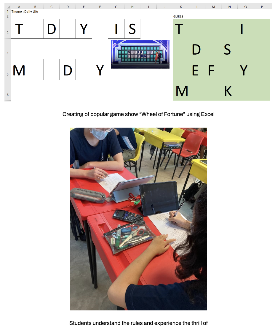 Excel spreadsheet recreating Wheel of Fortune with letter tiles, and two students working at a red desk with tablets.