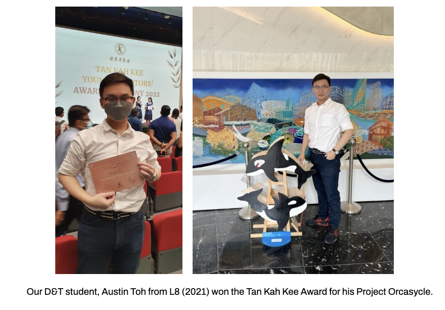 Our alumni, Austin Toh (Lyra 8, 2021) holding a certificate at Tan Kah Kee 2022 award ceremony; second photo shows him with an orca rocking toy that he had built.