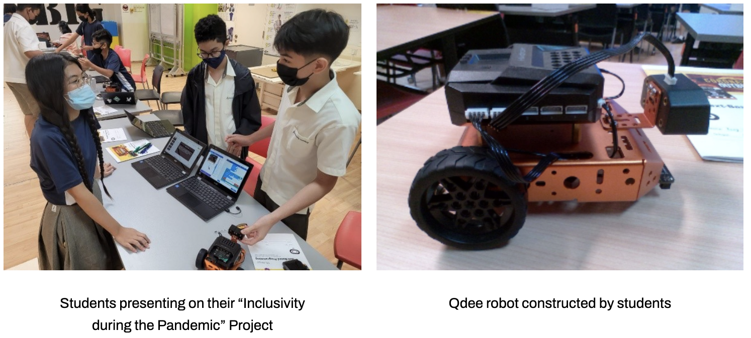 Our students at a table with laptops and a small robot; beside it, a copper-colored Qdee robot that was constructed by students
