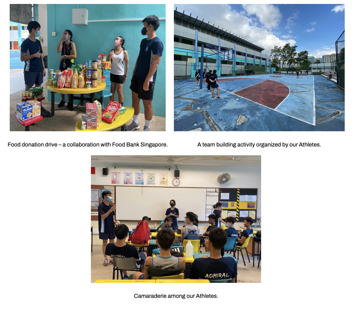 Three photos at a food donation drive, an outdoor court activity, and a classroom group session.