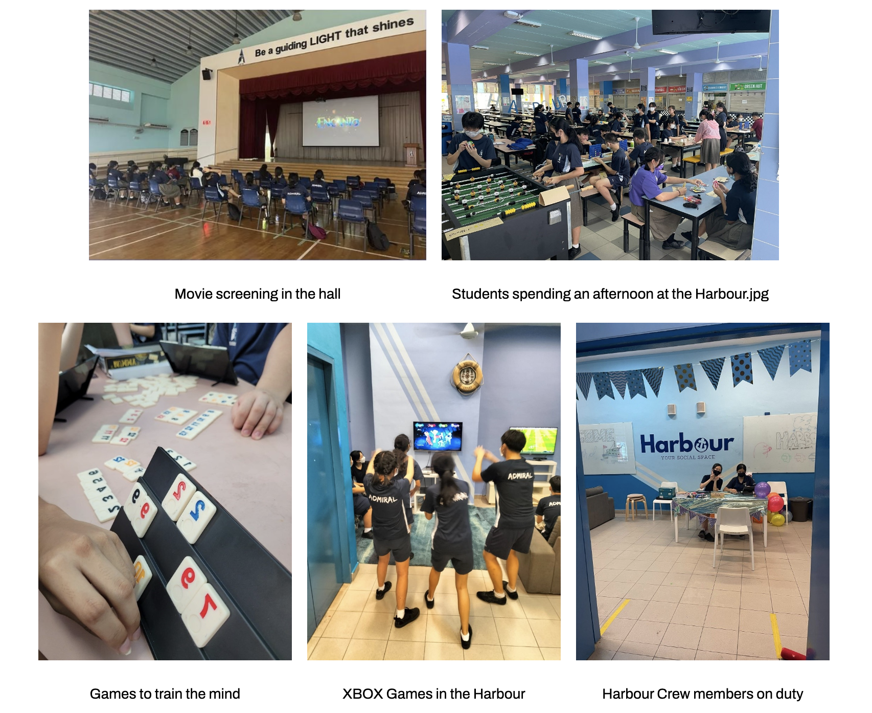 Five photos show students at school doing activities conducted by the Harbour Crew: movie screening, foosball, tile games, Xbox, and the Harbour social space.