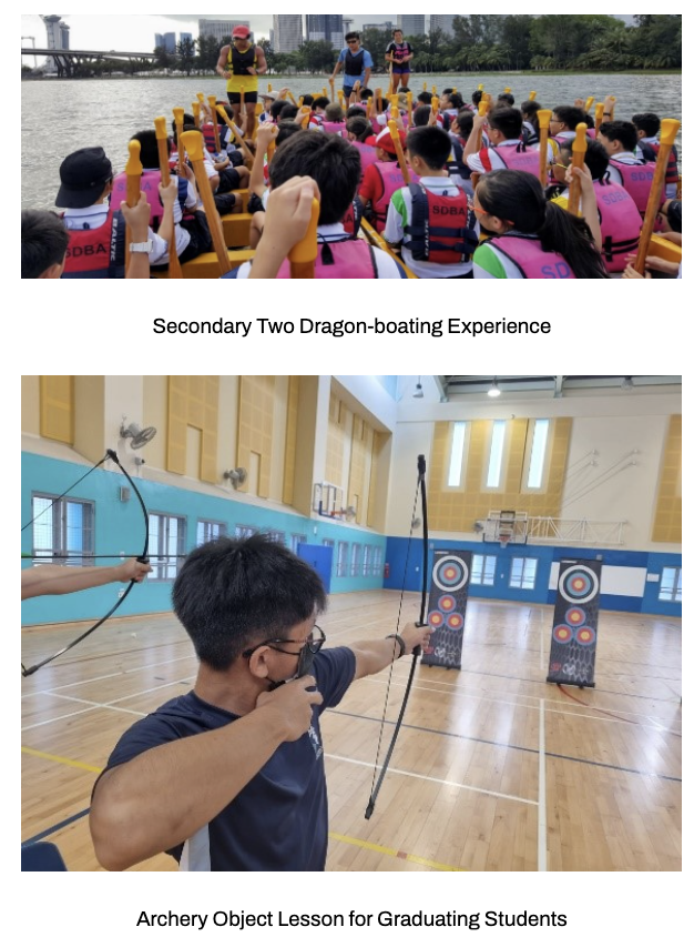 Our Sec 2 students in life vests paddle a dragon boat; below, a student aims a bow at archery targets in the Indoor Sports Hall. .