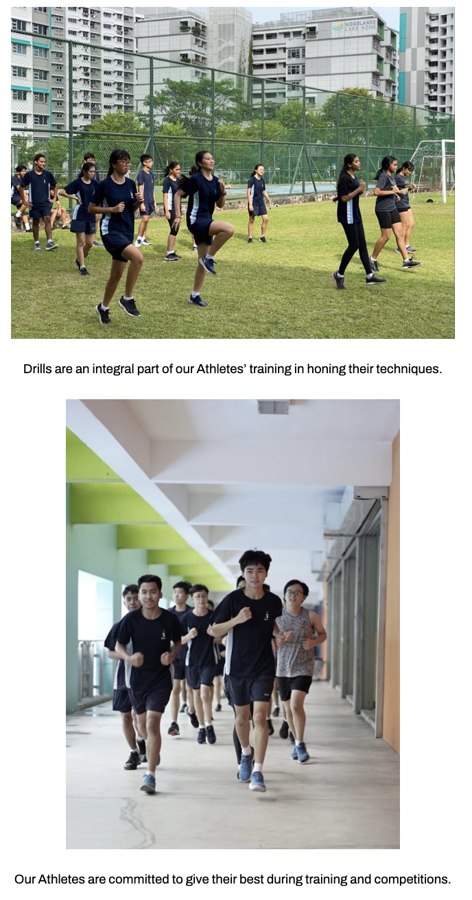 Students doing high-knee drills on a grass field; below, students running and training along classrooms and hall