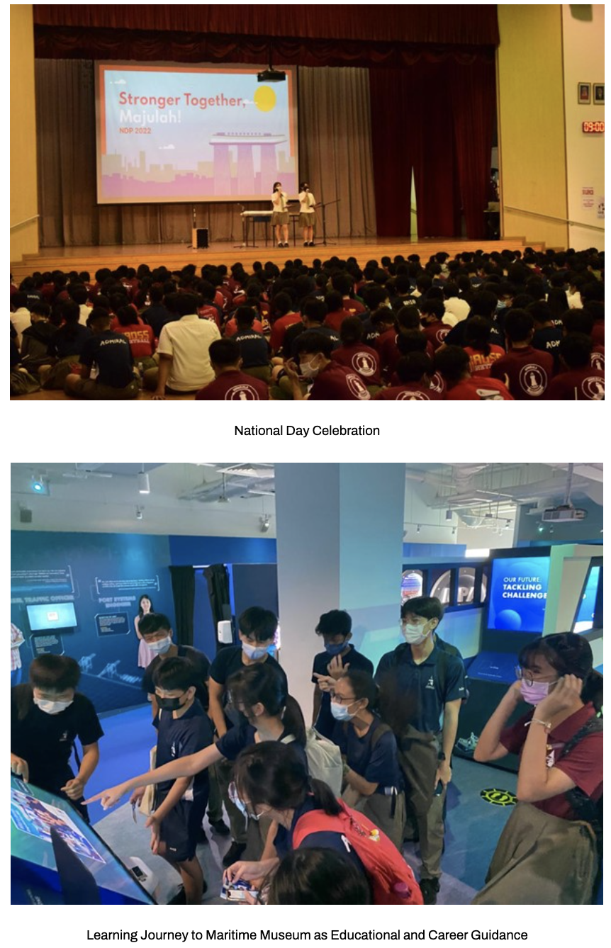 Two school event photos: students in a hall watching a National Day during National Day celebration, and our students at a maritime museum exhibit.