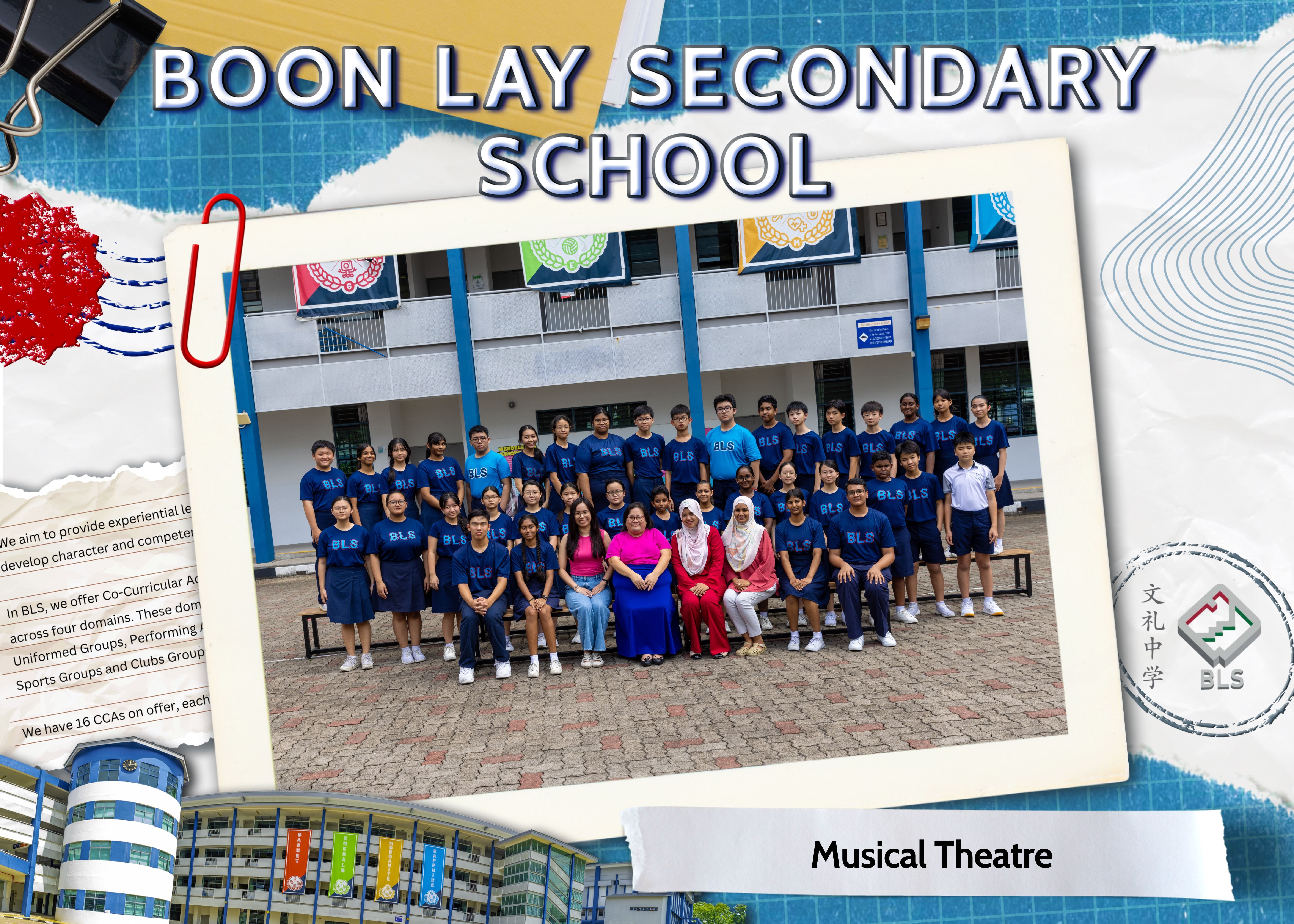 Boon Lay Secondary School Musical Theatre group photo of students and teachers in blue BLS uniforms outdoors.