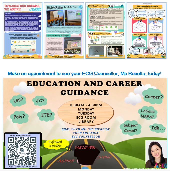 Flyer for Education and Career Guidance with ECG counsellor Ms Rosetta, showing office hours and a QR code to book.