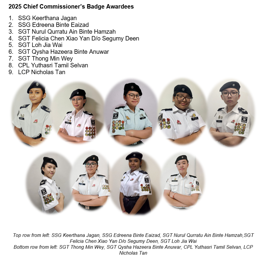Nine uniformed youth in black berets with badges pose in oval portraits under the heading 2025 Chief Commissioner's Badge Awardees.