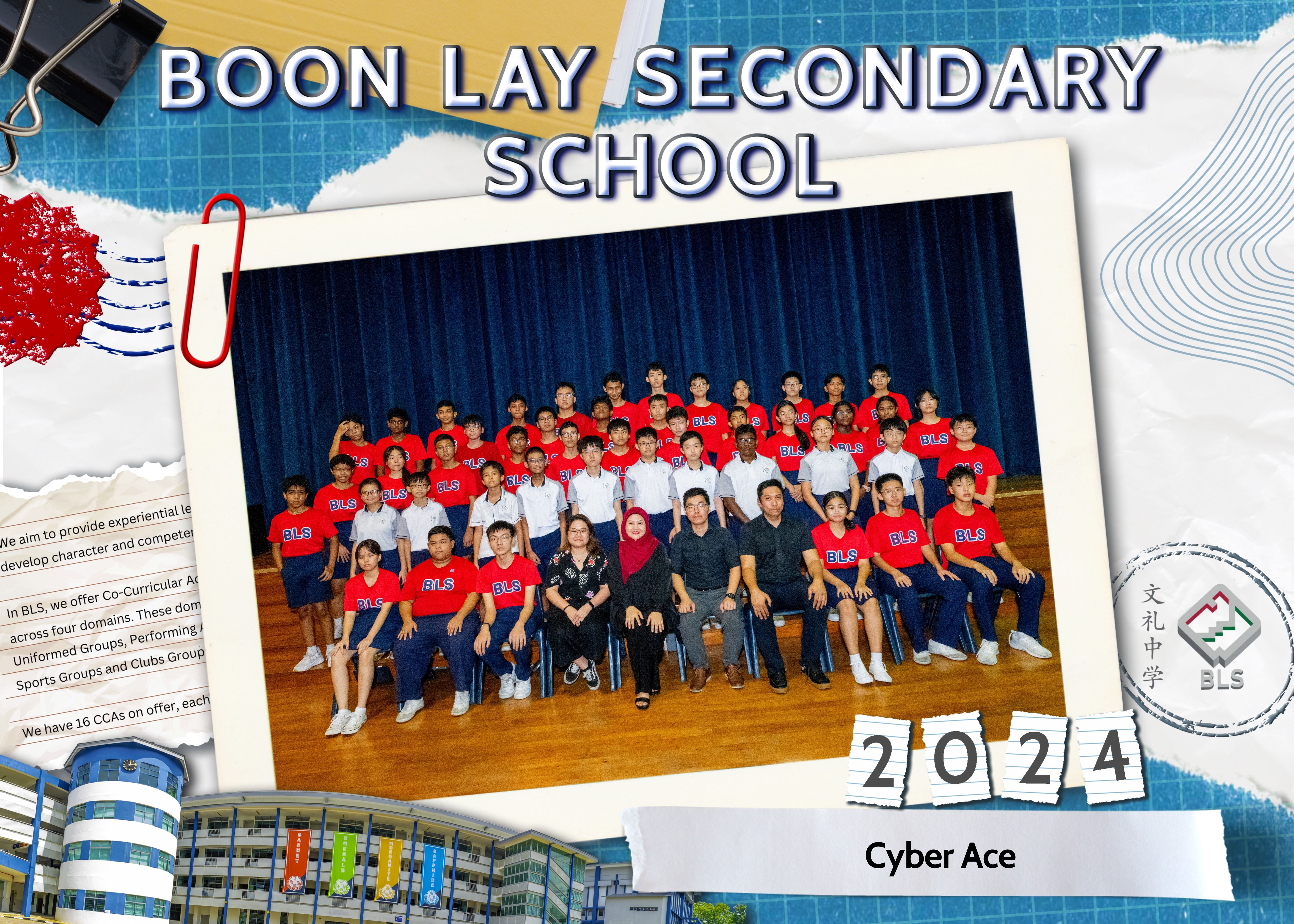Boon Lay Secondary School 2024 Cyber Ace group photo with students in red BLS shirts and teachers.