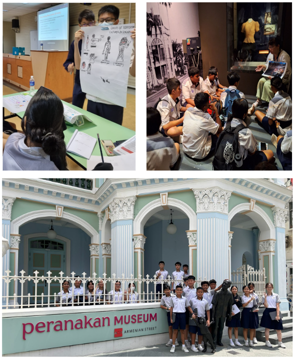 Students in uniform visit the Peranakan Museum on Armenian Street, with indoor learning and group photos outside.