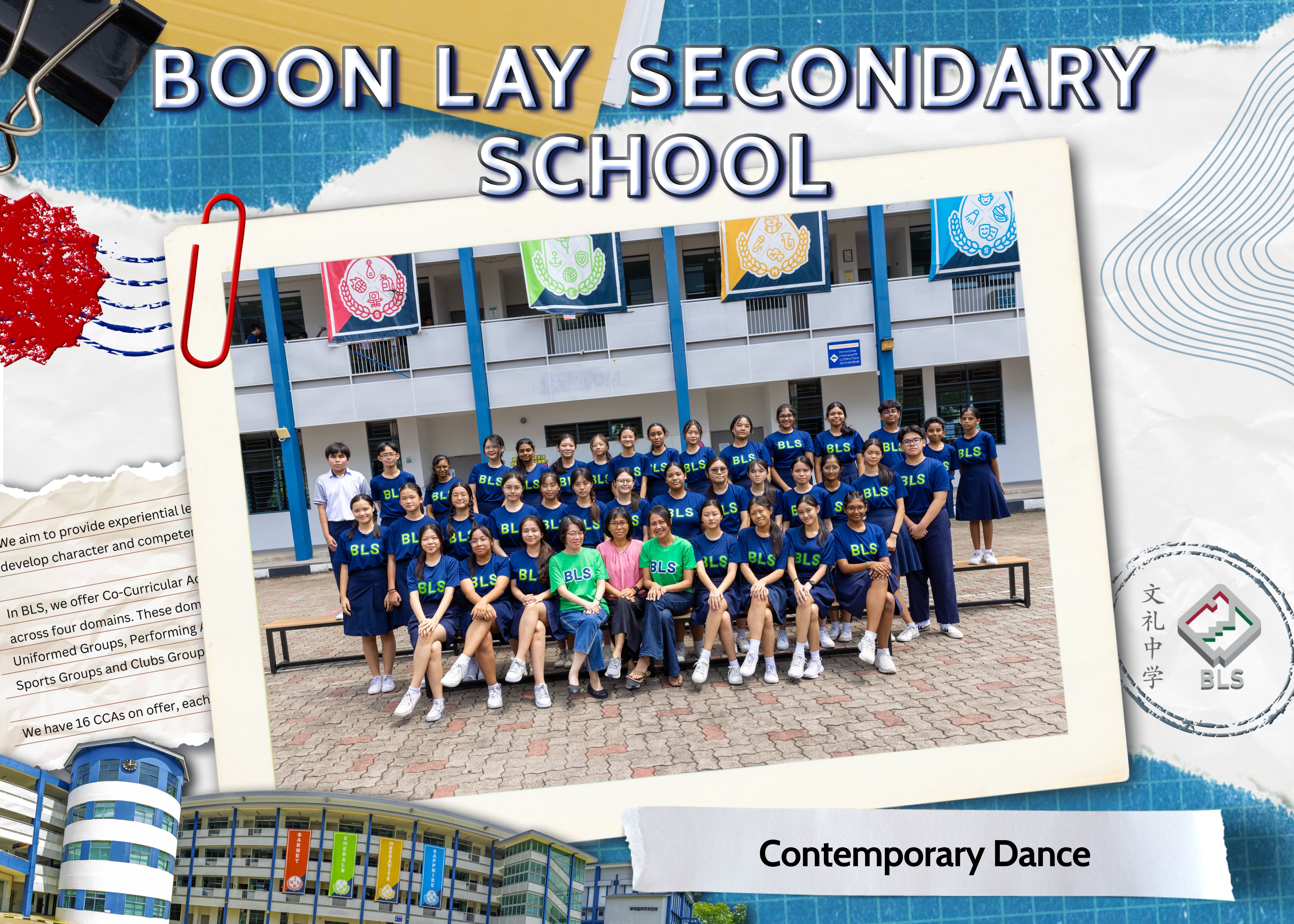 Group photo of Boon Lay Secondary School Contemporary Dance students in blue BLS shirts posing outdoors.