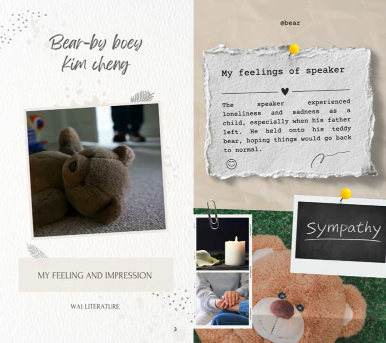 Two journal-style panels about a poem featuring teddy bear photos, handwritten titles, and notes on feelings and sympathy.