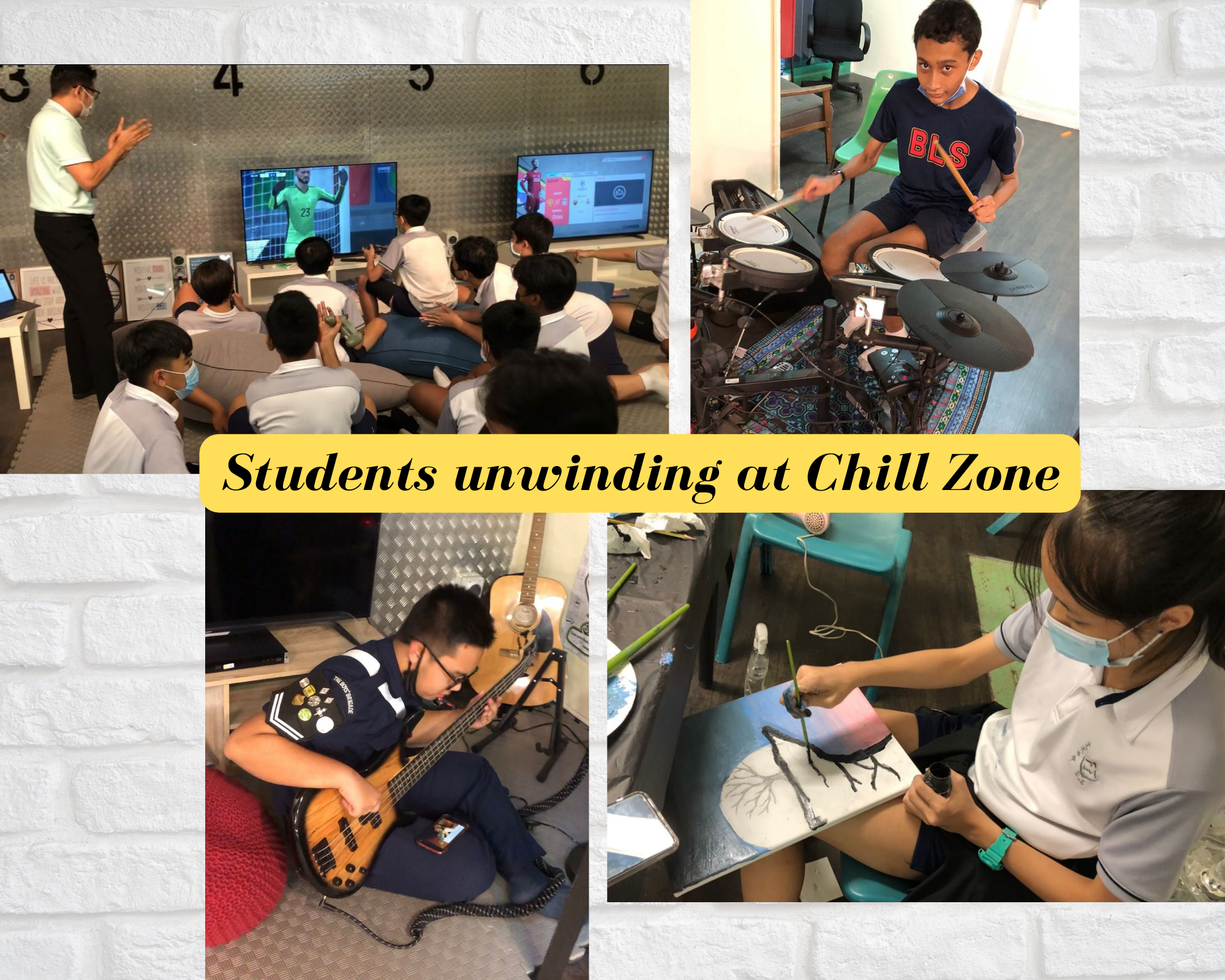 Collage of students relaxing: watching TV, playing electronic drums, playing bass guitar, and painting.