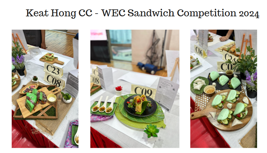 Three competition sandwich entries labeled C08, C09, and others displayed on decorated tables at Keat Hong CC WEC 2024.