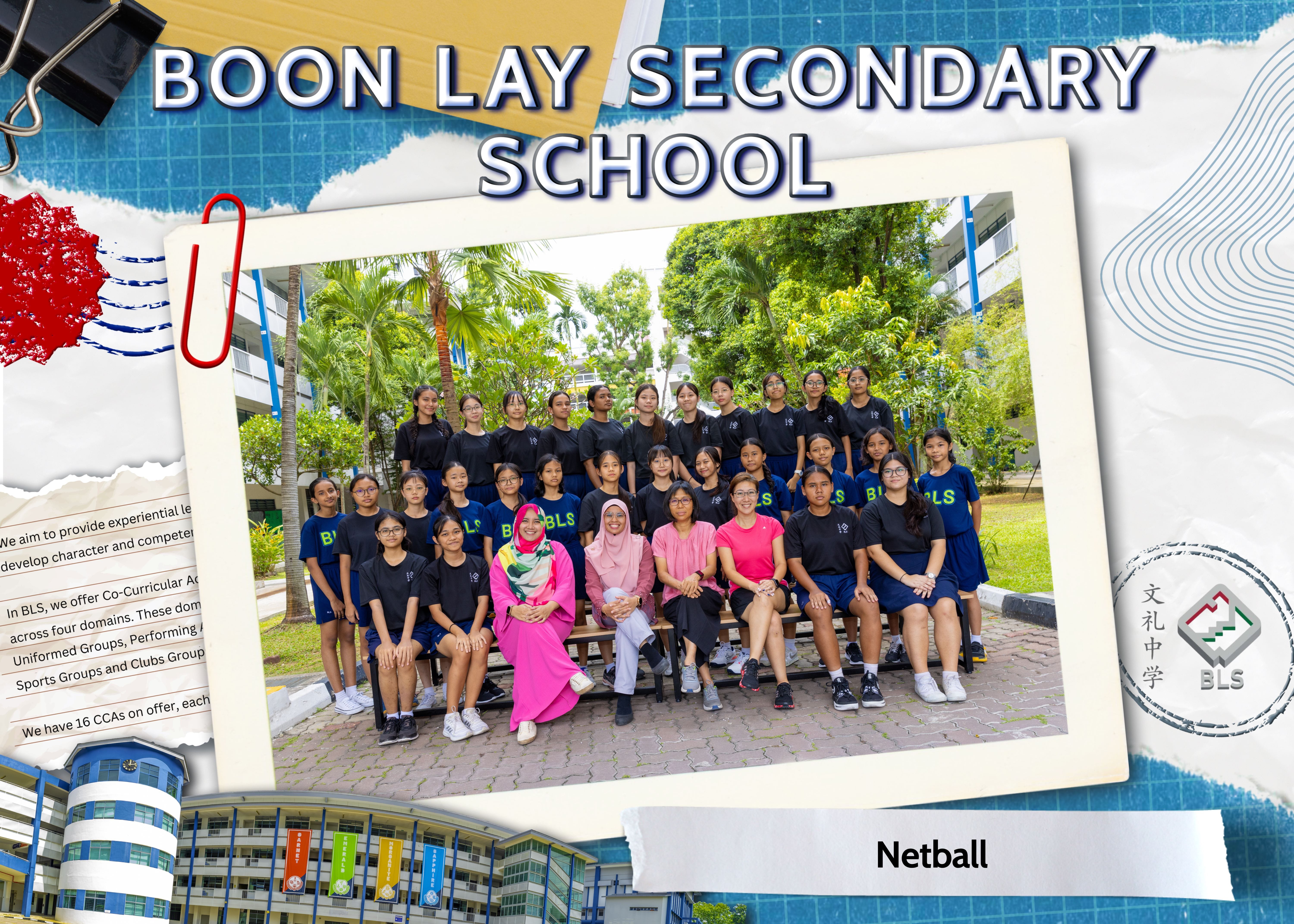 Boon Lay Secondary School netball team group photo with students and two teachers posing outdoors.