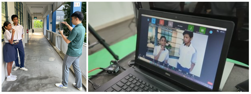 Two students being filmed by an adult outdoors, shown alongside a Dell laptop screen displaying the same students in a video call.