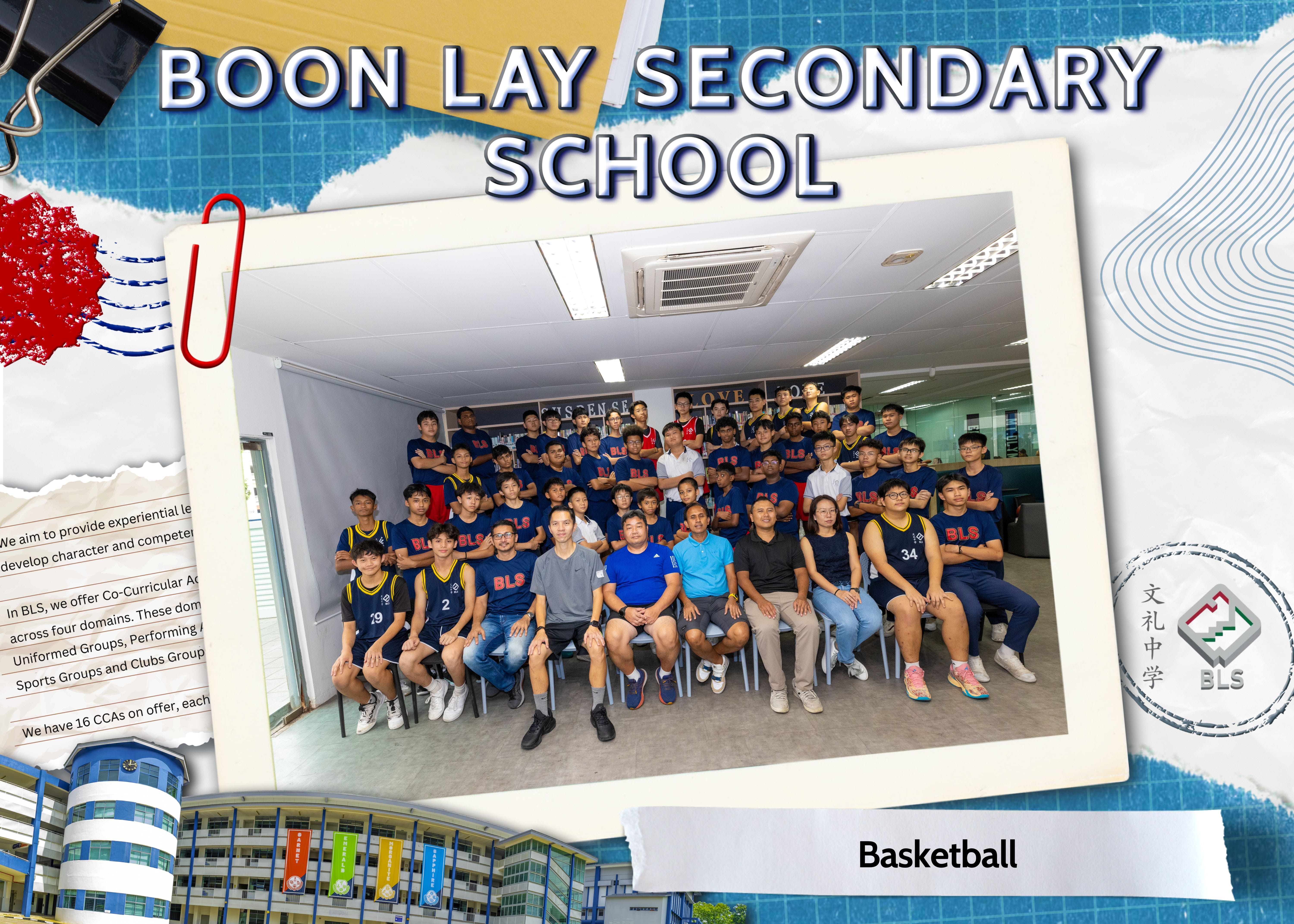 Boon Lay Secondary School basketball team group photo indoors, students in blue BLS jerseys with coaches seated in front.
