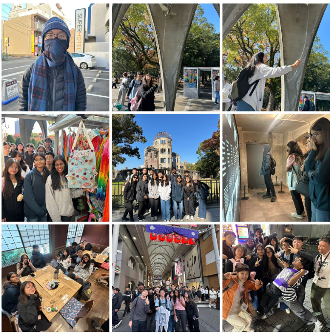 A collage of nine photos showing a student group tour in Japan, including the Hiroshima Peace Dome and colorful street scenes.